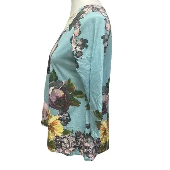 Upcycled Hand Printed Womens Medium Human Skull Goth Bone Floral Long Sleeve Top - Picture 2 of 4